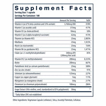 Supplement Facts label for Vital Nutrients multivitamin showing serving size of 1 capsule with 180 servings per container and