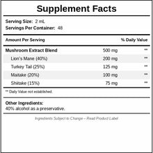 Supplement Facts label for Miracle Mushrooms showing mushroom extract blend with Lion's Mane, Turkey Tail, Maitake, and Shiit