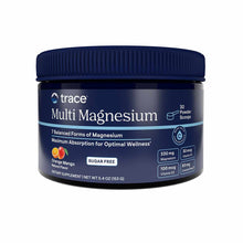 Dark blue container of Trace Minerals Research Multi Magnesium powder with navy screw cap, labeled orange mango flavor, 5.4 o