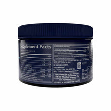 Dark container with navy blue ridged lid showing supplement facts label and ingredient information for magnesium powder.