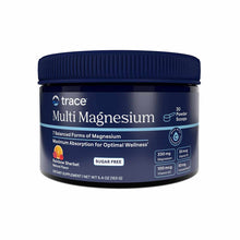 Dark blue container of Trace Minerals Multi Magnesium powder with navy screw cap and label indicating rainbow sherbet flavor.