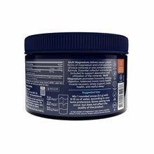 Dark blue jar with navy screw cap containing magnesium powder supplement with product information and usage instructions on l