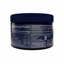 Dark blue jar with navy screw-on lid containing magnesium powder, label displays supplement facts and ingredients.