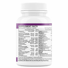 White bottle with purple label showing supplement facts for women's multivitamin with digestive enzymes, 90 vegetarian capsul