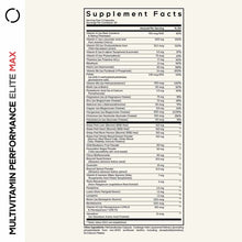 Supplement Facts label for Codeage Multivitamin Performance Elite Max showing serving size, nutrient amounts, and daily value