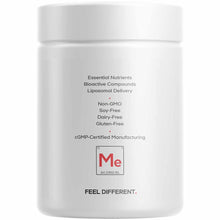 White cylindrical supplement bottle with white lid displaying product information including essential nutrients, bioactive co