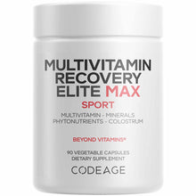 White supplement bottle labeled "Multivitamin Recovery Elite Max Sport" by Codeage containing 90 vegetable capsules.