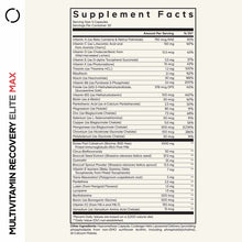 Supplement Facts label for Multivitamin Recovery Elite Max showing serving size, vitamin and mineral content with daily value