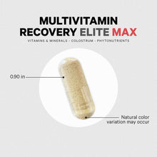 Beige capsule supplement measuring 0.90 inches with product name "Multivitamin Recovery Elite Max" and ingredient callouts di