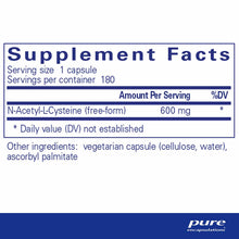 Supplement Facts label for NAC 600 mg capsules showing 180 servings per container with N-Acetyl-L-Cysteine as active ingredie