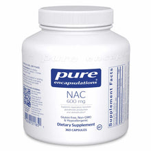 White bottle of Pure Encapsulations NAC 600 mg dietary supplement containing 360 capsules with blue label.