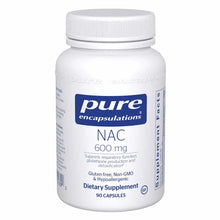 White bottle of Pure Encapsulations NAC 600 mg dietary supplement with white cap containing 90 capsules.