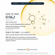 D3K2 supplement bottle label showing usage instructions with golden oil droplets and dosage information on cream background.