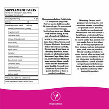 Supplement facts label for Swedish Bitters showing ingredients, serving size, usage instructions, and warnings with vegetaria