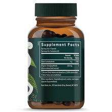 Amber glass bottle with green cap containing dark capsules, labeled with Supplement Facts and nettle leaf product information