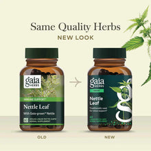 Two amber glass bottles with green caps showing old and new Gaia Herbs Nettle Leaf packaging designs, with fresh nettle plant