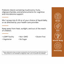 Tan and brown product label for Neuro Superfood powder with ingredient information and icons for Brain, Gut, Whole Body, and