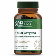 Gaia Herbs Pro Oil of Oregano bottle with green cap containing 60 dark liquid phyto-caps.