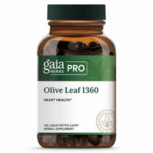Amber glass bottle with green cap containing dark capsules, labeled "Gaia Herbs Pro Olive Leaf 1360" with heart health claim.