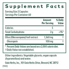 Supplement Facts label for Olive Leaf 1360 capsules showing serving size, nutritional information, and ingredient list.