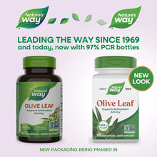Nature's Way Olive Leaf supplement bottles showing old and new packaging designs, 1500 mg, 100 vegan capsules.