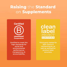 Two certification badges on orange background: red Certified B Corporation card and yellow Clean Label Project Certified card