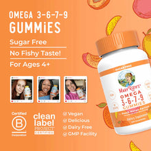 White bottle with orange cap of MaryRuth's Omega 3-6-7-9 gummies in peach mango apricot flavor on orange background with frui