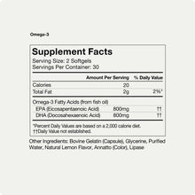 Omega-3 supplement facts label showing serving size of 2 softgels with 800mg EPA and 800mg DHA per serving.