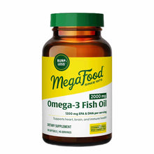 Megafood Omega-3 Fish Oil 2000 mg bottle with green cap and yellow label containing 90 softgels.