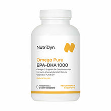 White bottle of NutriDyn Omega Pure EPA-DHA 1000 softgel supplement with white cap and gold accents.