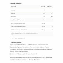 Nutrition facts label for Omega Pure EPA-DHA 1000 softgels showing ingredients and daily supply information.