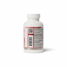 A white supplement bottle with a white cap, shown from the back, with a red label, QR code, barcode, and usage text.