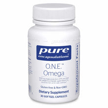 White bottle of Pure Encapsulations O.N.E. Omega dietary supplement with white screw cap, containing 30 softgel capsules.