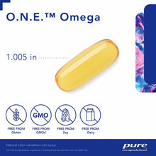 Yellow softgel capsule labeled O.N.E. Omega, 1.005 inches, with gluten-free, GMO-free, soy-free, and dairy-free icons below.