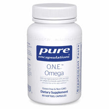 White plastic bottle of Pure Encapsulations O.N.E. Omega dietary supplement with blue label and white screw cap, containing 6