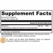 Supplement Facts label for OptiMag 125 showing 250 mg magnesium per serving in capsule form with 60 servings per container.