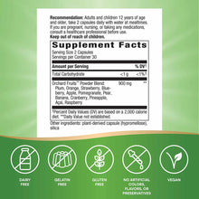 Supplement Facts label for Orchard Fruits capsules showing 900mg powder blend of 12 fruits, with dietary certifications below