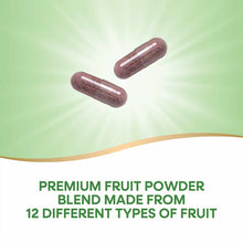 Two purple capsules on green and white background with text stating premium fruit powder blend made from 12 fruit types.