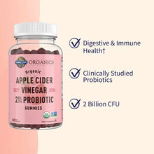 Bottle of Garden of Life organic apple cider vinegar probiotic gummies with dark brown gummies visible inside and white cap.