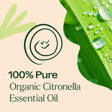 Product packaging displaying "100% Pure Organic Citronella Essential Oil" text with a smiling face icon and green leaves with