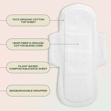 A white winged pad on a pale pink background, with four labels describing its cotton top sheet, hemp blend core, compostable back sheet, and wrapper.