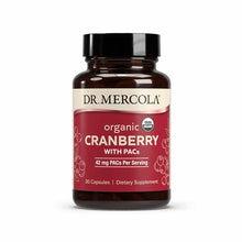 Brown glass bottle with black cap labeled "Dr. Mercola Organic Cranberry with PACs," 30 capsules, dietary supplement.