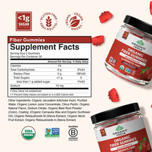 Organic India Fiber Gummies bottles with red gummies, supplement facts label, and certification badges including USDA Organic