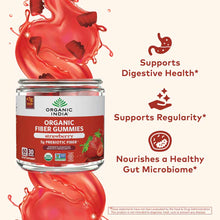 Glass jar of Organic India strawberry fiber gummies with red liquid splash background and benefit claims displayed on the rig