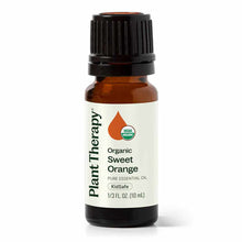 Amber glass bottle with black cap containing Plant Therapy Organic Sweet Orange essential oil, 10 mL size.