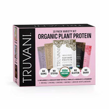 Truvani 10-pack variety kit box containing organic plant protein packets in unflavored, chocolate peanut butter, vanilla, cho