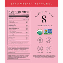 Strawberry flavored protein powder nutrition facts label showing 20g protein per 33.7g serving with USDA organic and Non-GMO