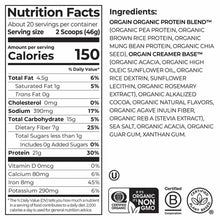 Nutrition facts and ingredients label for Orgain organic protein powder showing 21g protein per serving and certified organic