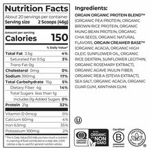 Orgain plant-based protein powder nutrition facts label showing 21g protein, 150 calories per serving, with ingredients and c