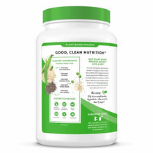 White jar with green lid and label featuring plant-based protein powder ingredients and nutritional information.